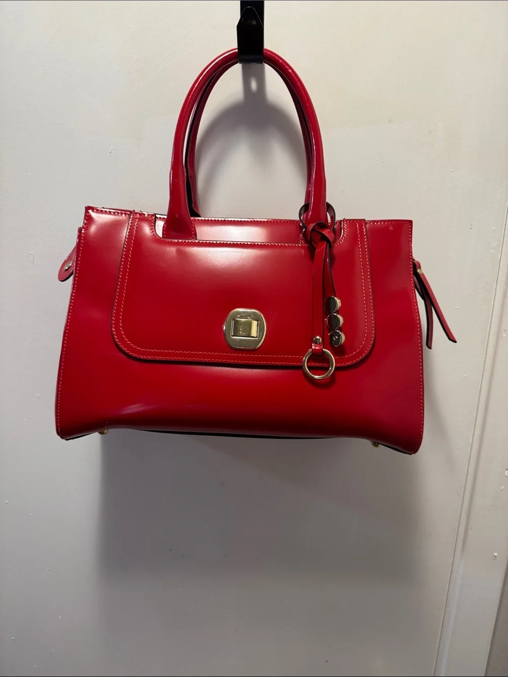 Red Structured Top-Handle Satchel with Gold Accents(13)